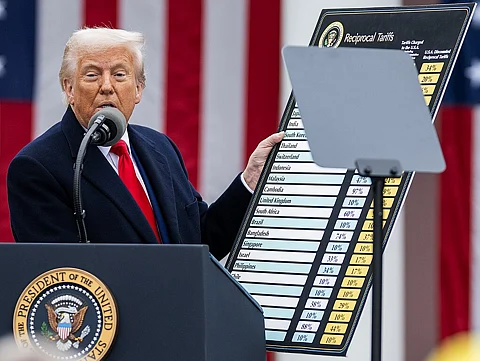 Donald Trump with Presidential tariff chart on 2 April 2025 at the White House