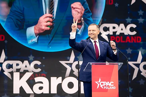 Karol Nawrocki speaks at the CPAC in Jasionka, Poland, May 27, 2025.