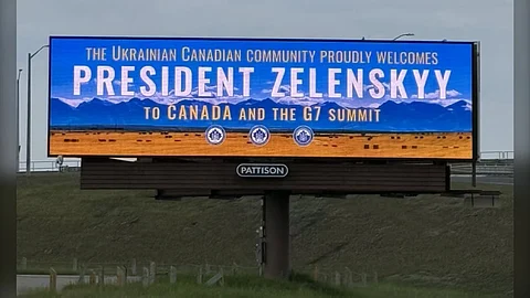 Billboard welcomes Ukrainian President Zelenskyy to Calgary as he attends G7 summit.