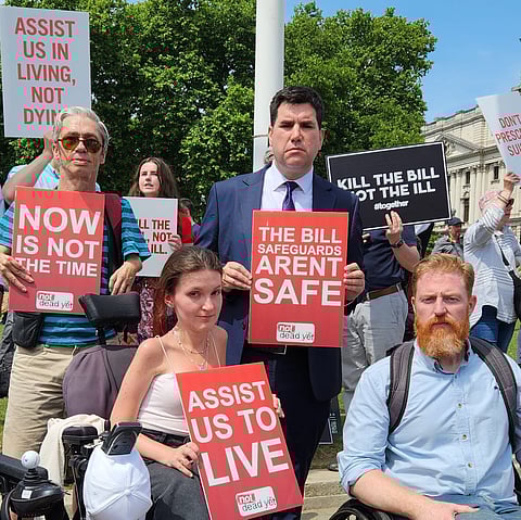 A protest by disabled individuals outside Parliament, highlighting their opposition to the Assisted Dying Bill passed on June 20, 2025.