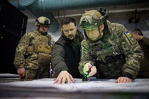President of Ukraine Volodymyr Zelenskyy during a visited to the headquarters of the Defense Forces in Kupyansk, Kharkiv region.
