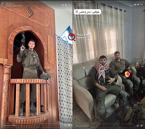 Israeli soldiers occupying Palestinian homes and a mosque in the West Bank.