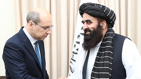 Russian Ambassador to Afghanistan Dmitry Zhirinov and Acting Afghan Foreign Minister Mawlawi Amir Khan Muttaqi