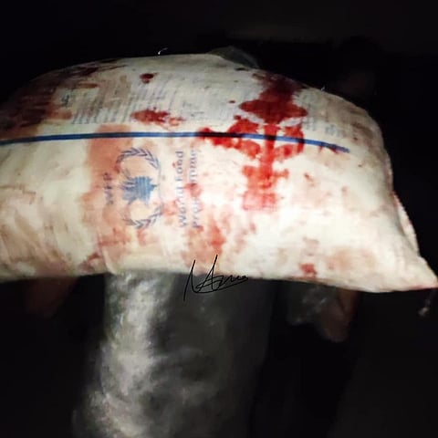 A blood-stained sack of flour at GHF aid sites.
