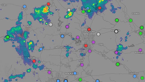 Sunday morning radar reveals ongoing rain over the Colorado and Guadalupe watersheds, further complicating flood recovery efforts in Texas Hill Country.