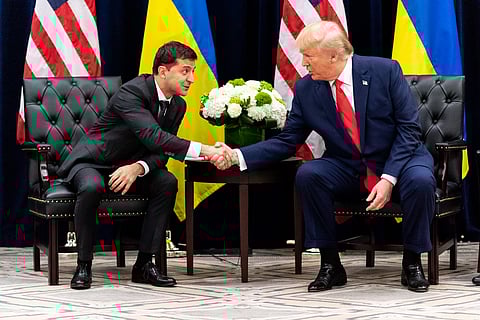U.S. President Donald Trump and Ukrainian President Volodymyr Zelenskyy during a bilateral meeting at the InterContinental New York Barclay Hotel, September 2019