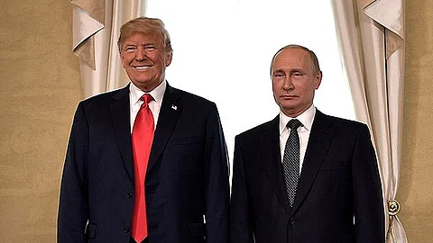 President Donald Trump with Vladimir Putin on 16 July 2018.
