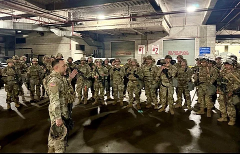 Scene from deployment of the 79th Infantry Brigade Combat Team from the California National Guard to Los Angeles.