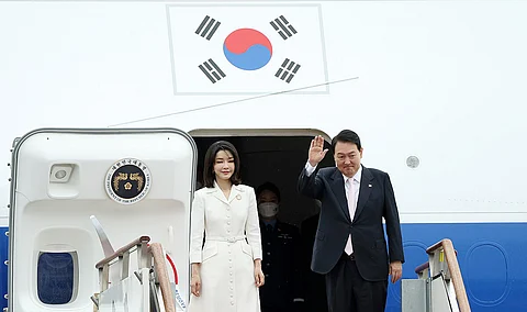 South Korea's ousted President Yoon Suk Yeol and first Lady Kim Keon Hee depart to Madrid, Spain for Nato Summit at Seoul Air Base June 27, 2022.
