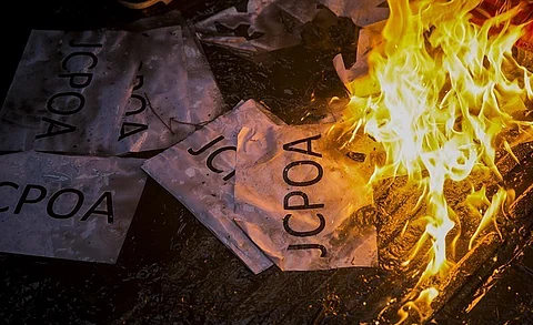 Protest against United States withdrawal from the Joint Comprehensive Plan of Action in front of the United States Embassy in Tehran