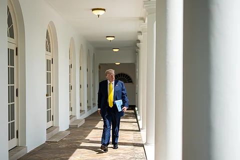 President Donald Trump walks on the West Colonnade to the Oval Office, Monday, July 21, 2025.