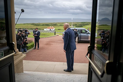 President Donald Trump waiting to meet United Kingdom Prime Minister Keir Starmer, on 28 July 2025 in Scotland.