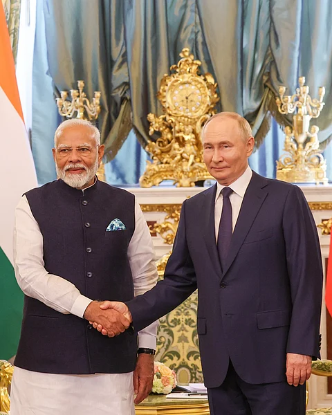 Russian President Vladimir Putin shakes hands with Indian Prime Minister Narendra Modi in a bilateral meeting at the Grand Kremlin Palace, Moscow, Russia on 9 July 2024.