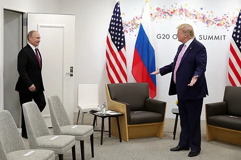 President Trump meeting President Vladimir Putin of Russia at the G20 Summit in Japan in 2019.