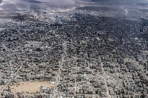 An aerial view of what the Gaza City area looked like; taken from a Jordanian military aircraft, during early August 2025.