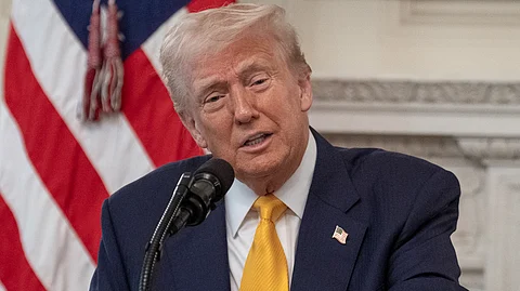 President Donald Trump delivers remarks at a business session with the nation’s governors, Friday, February 21, 2025, in the State Dining Room of the White House