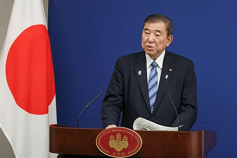 Shigeru Ishiba delivering a speech on nuclear disaster prevention training in February 2025.