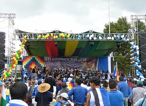 Crowd and stage at 16th anniversary celebration of the Movement for Socialism-Political Instrument of the Sovereignty of the Peoples, the political party which has governed Bolivia since 2006.