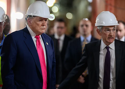 President Donald Trump tours the Federal Reserve alongside Fed Chair Jerome Powell and Sen. Tim Scott (R-SC), Thursday, July 24, 2025