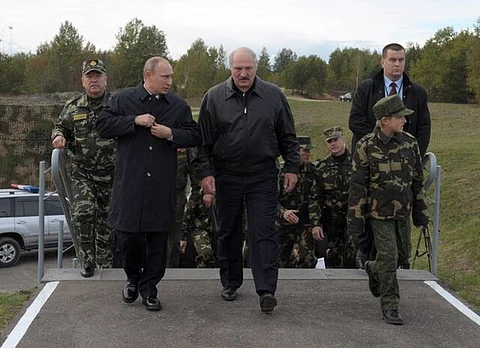 President Putin with Belarusian President Alexander Lukashenko at the Gozhsky test ground during the final stage of the Zapad-2013 Russian-Belarusian strategic military exercises.