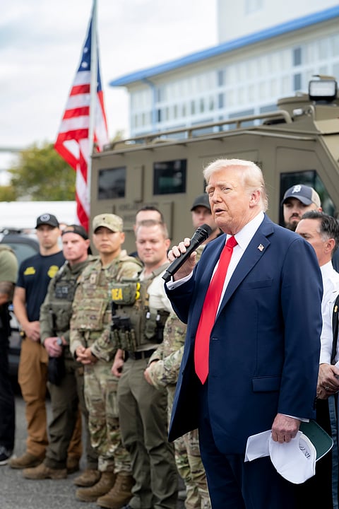 President Donald Trump thanking the National Guard and law enforcement officers for their service at the U.S. Park Police Anacostia Operations Facility in Washington, D.C., August 21, 2025.