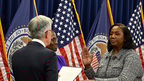 Lisa D. Cook being sworn in as a member of the Board of Governors of the Federal Reserve System, 23 May 2022.