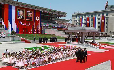 North Korea people are welcoming Kim Jong-un and Vladimir Putin at Kim Il-sung square, January 2024.