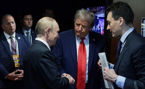 Russian President Vladimir Putin shaking hands with President Donald Trump in Anchorage, Alaska, August 15th, 2025.