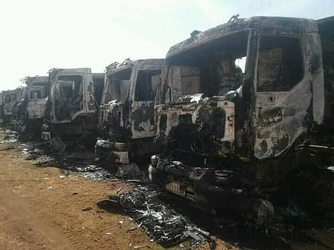 Burned vehicles as a result of the Malian War in Timbuktu, 2017.