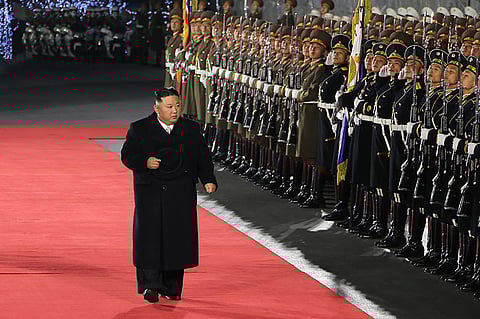 North Korean leader Kim Jong Un at a military parade marking the 75th birthday of the Korean People's Army, 2023.