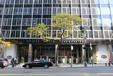 The entrance to Pfizer World Headquarters in Manhattan, New York, New York, November 5, 2016.