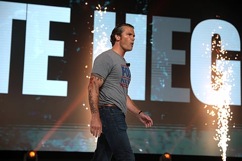 Pete Hegseth speaking with attendees at the 2021 Student Action Summit hosted by Turning Point USA at the Tampa Convention Center in Tampa, Florida.