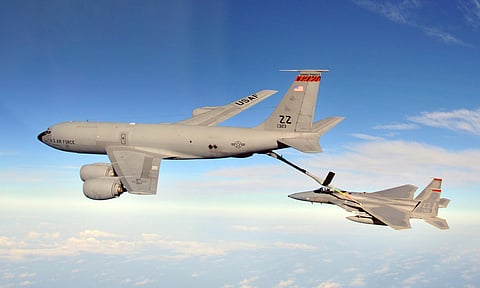 U.S. Air Force KC-135R Stratotanker refuels an F-15 Eagle