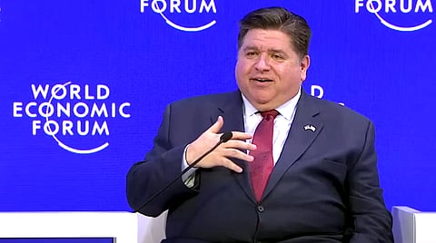 JB Pritzker speaking at the World Economic Forum in 2023.