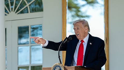 President Donald Trump hosts a Rose Garden Club lunch, Tuesday, October 21, 2025, in the White House Rose Garden.