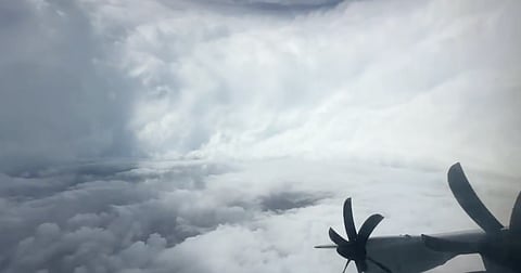 Cockpit view from a U.S. Air Force WC-130J "Teal 74" mission penetrating Hurricane Melissa's eye.