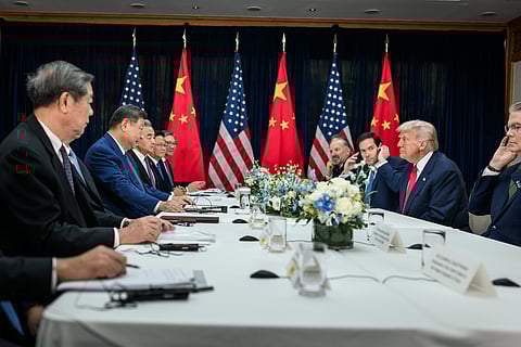 President Donald Trump participates in a bilateral meeting with Chinese President Xi Jinping at the Gimhae International Airport terminal, Thursday, October 30, 2025, in Busan, South Korea.