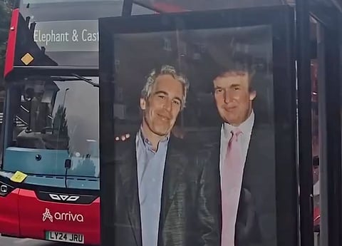 A poster of Donald Trump and Jeffrey Epstein installed by activists in London on July 17, 2025, as part of a protest against Trump's state visit to the UK.