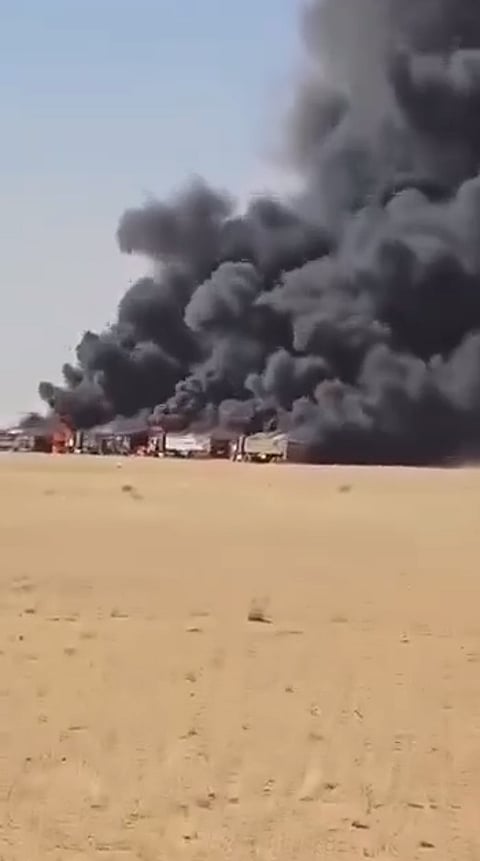 RSF supply column on fire after a drone strike.