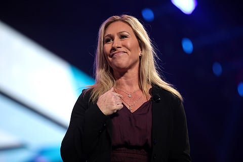 U.S. Congresswoman Marjorie Taylor Greene speaking with attendees at the 2021 AmericaFest at the Phoenix Convention Center in Phoenix, Arizona.