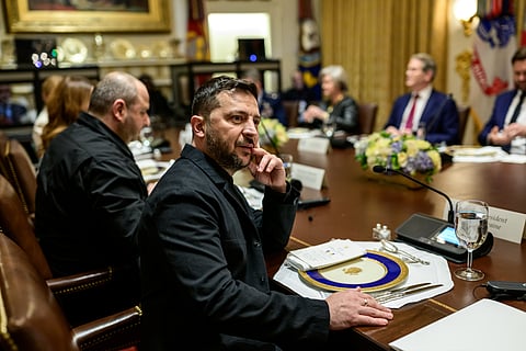 President Donald Trump hosts a bilateral lunch meeting with Ukrainian President Volodymyr Zelenskyy in the Cabinet Room of the White House, Friday, October 17, 2025.