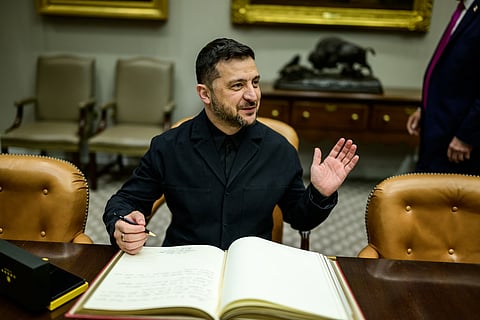 Donald Trump hosts a meeting with Ukrainian President Volodymyr Zelenskyy in the Cabinet Room of the White House on October 17, 2025.