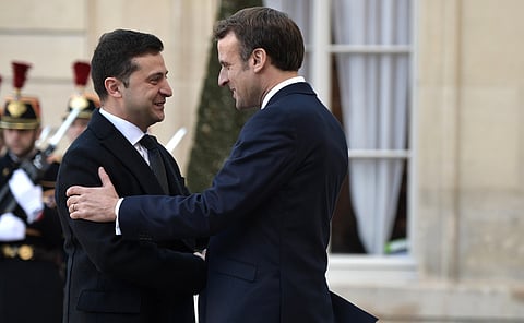 President of Ukraine Volodymyr Zelenskyy and President of France Emmanuel Macron before the meeting in the Normandy format, 2019.