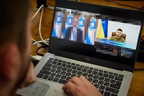 Photo of Zelensky speaking in the Knesset via live stream