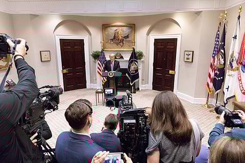 President Donald J. Trump delivers his remarks on the illegal immigration crisis Thursday, Nov. 1, 2018, in the Roosevelt Room of the White House.