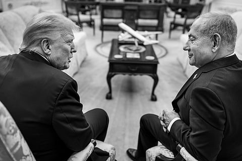 : President Donald Trump speaks with Israeli Prime Minister Benjamin Netanyahu in the Oval Office after a joint press conference, September 29th, 2025.
