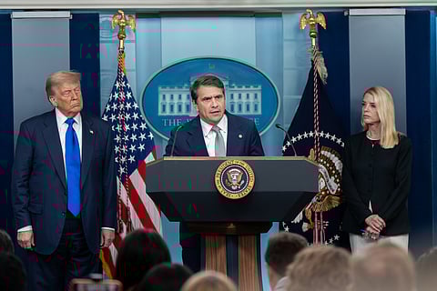 President Donald Trump holds a press conference with Attorney General Pam Bondi and Deputy Attorney General Todd Blanche in the James S. Brady Press Briefing Room on Friday, June 27, 2025.