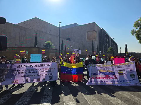 A protest outside Mexico City's US embassy decrying US airstrikes on Venezuela and the abduction of President Nicolás Maduro.