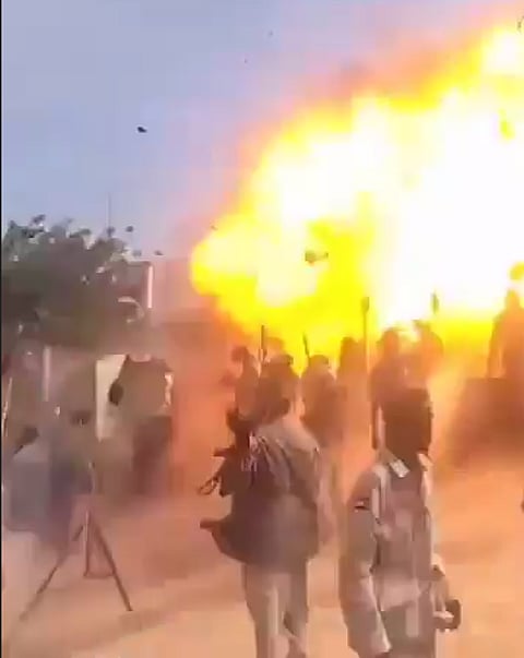 The moment a Sudanese Army drone strike hit a gathering of UAE-backed Rapid Support Forces militants in Katila, Sudan's South Darfur