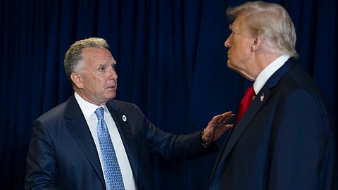 President Donald Trump speaks to Steve Witkoff during the 80th session of the United Nations General Assembly, Tuesday, September 23, 2025, at U.N. Headquarters in New York City.